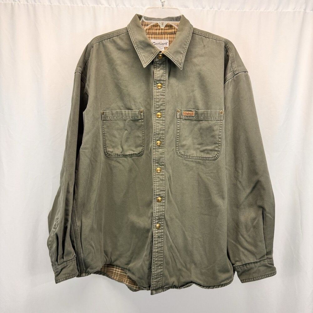 Carhartt Moss Green Canvas Shirt Jacket Flannel Lined Mens XL Plaid Snap Button